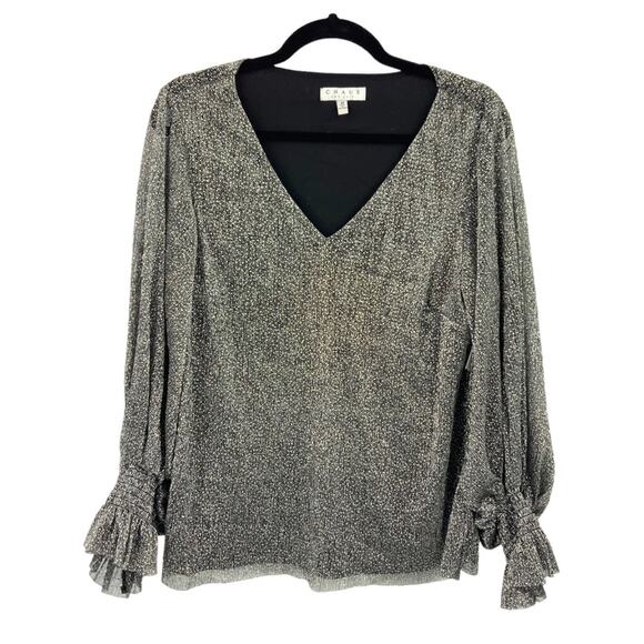Chaus Silver Metallic V Neck Ruffle Sleeve Blouse Size Medium - Picture 1 of 6
